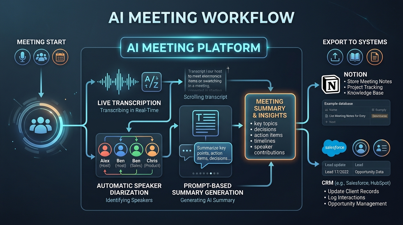 Editorial diagram illustrating an AI meeting workflow from live transcription to Notion export
