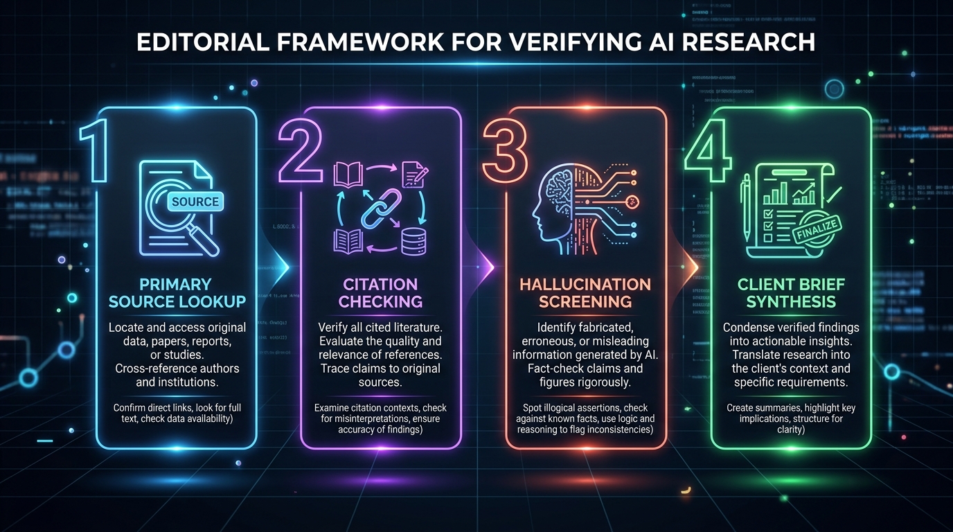 Editorial 4-step framework diagram for verifying AI research before client submission