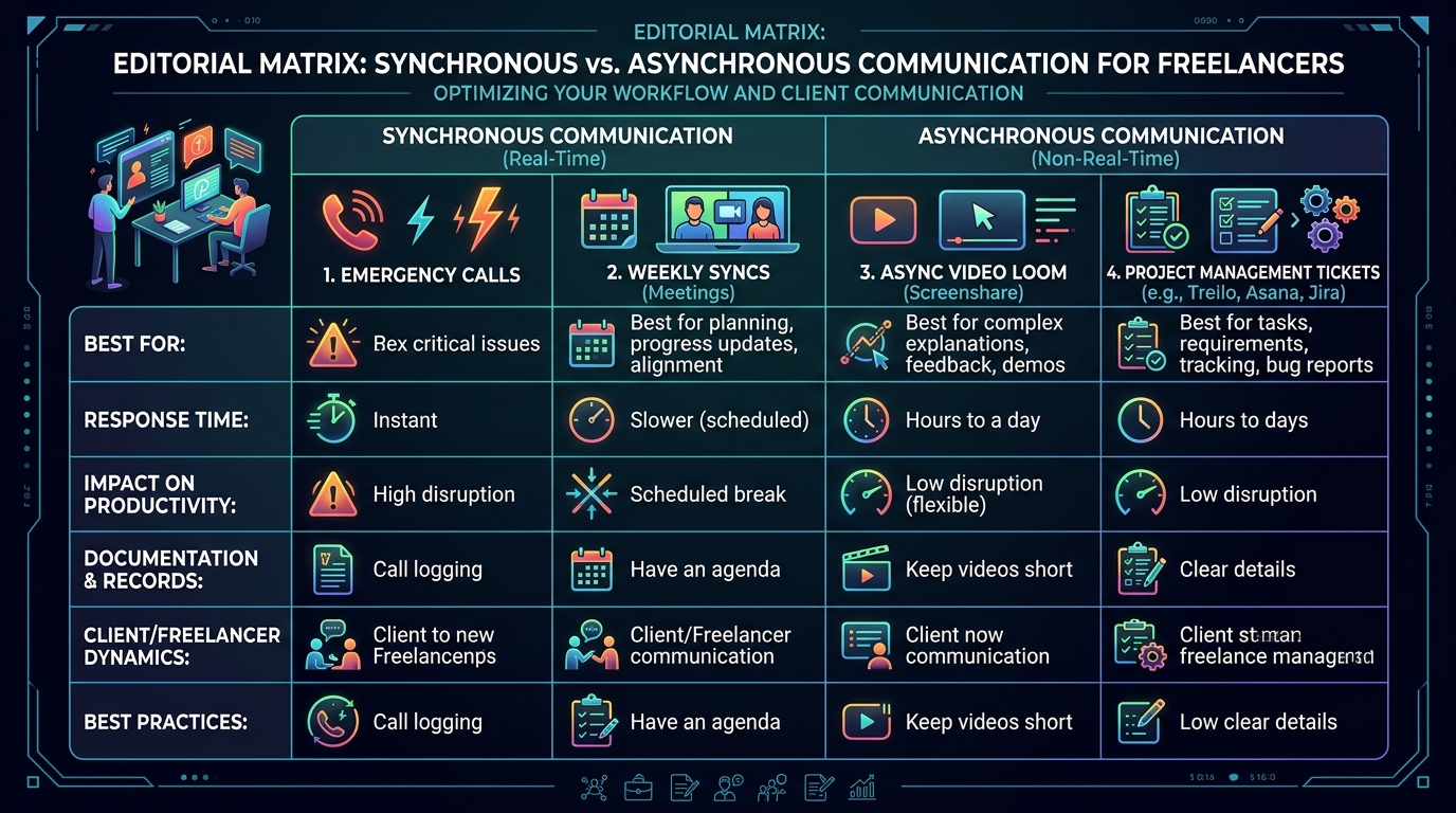 Editorial matrix comparing synchronous vs asynchronous communication channels for freelancers