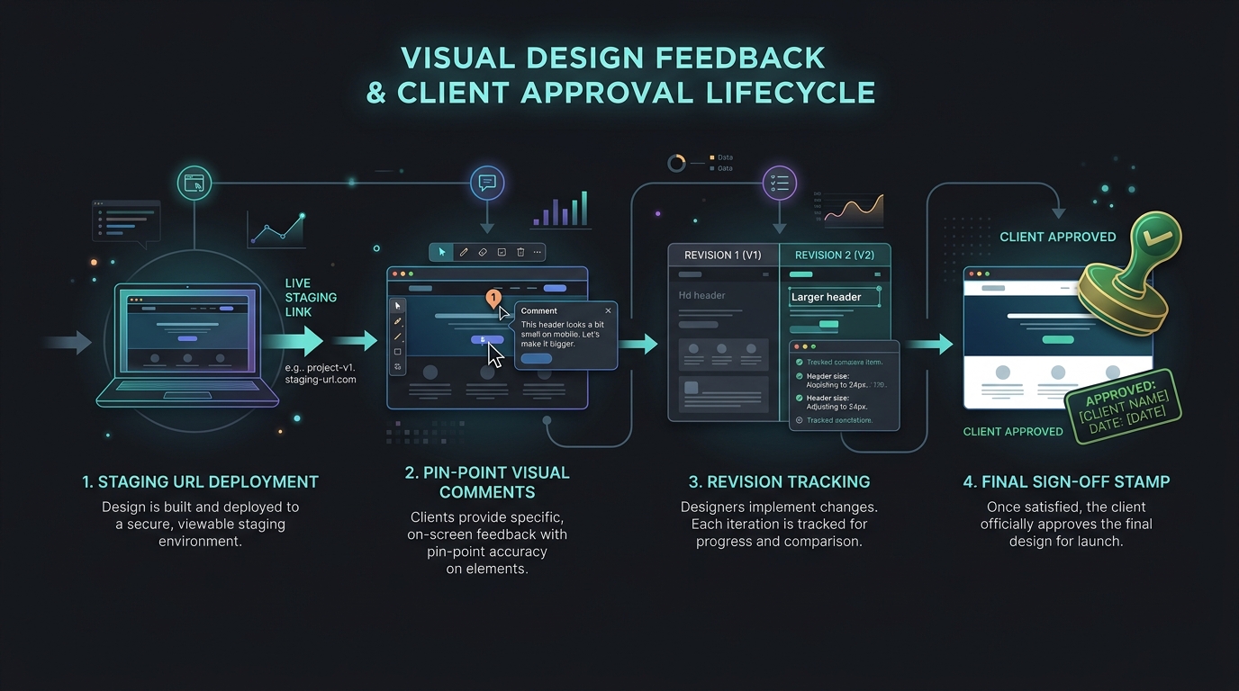 Editorial diagram showing the visual design feedback and client approval lifecycle