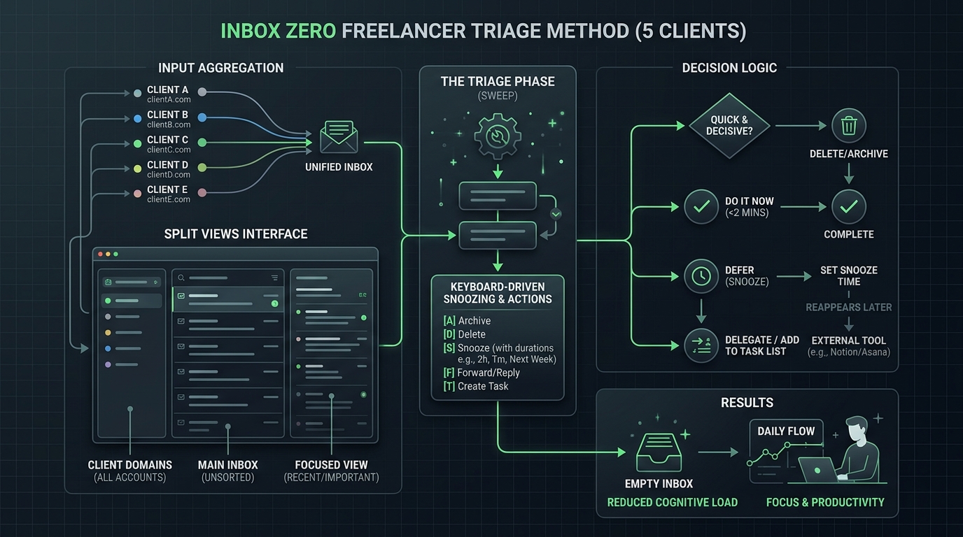 Editorial diagram visualizing an inbox zero triage method for freelancers handling 5 separate accounts