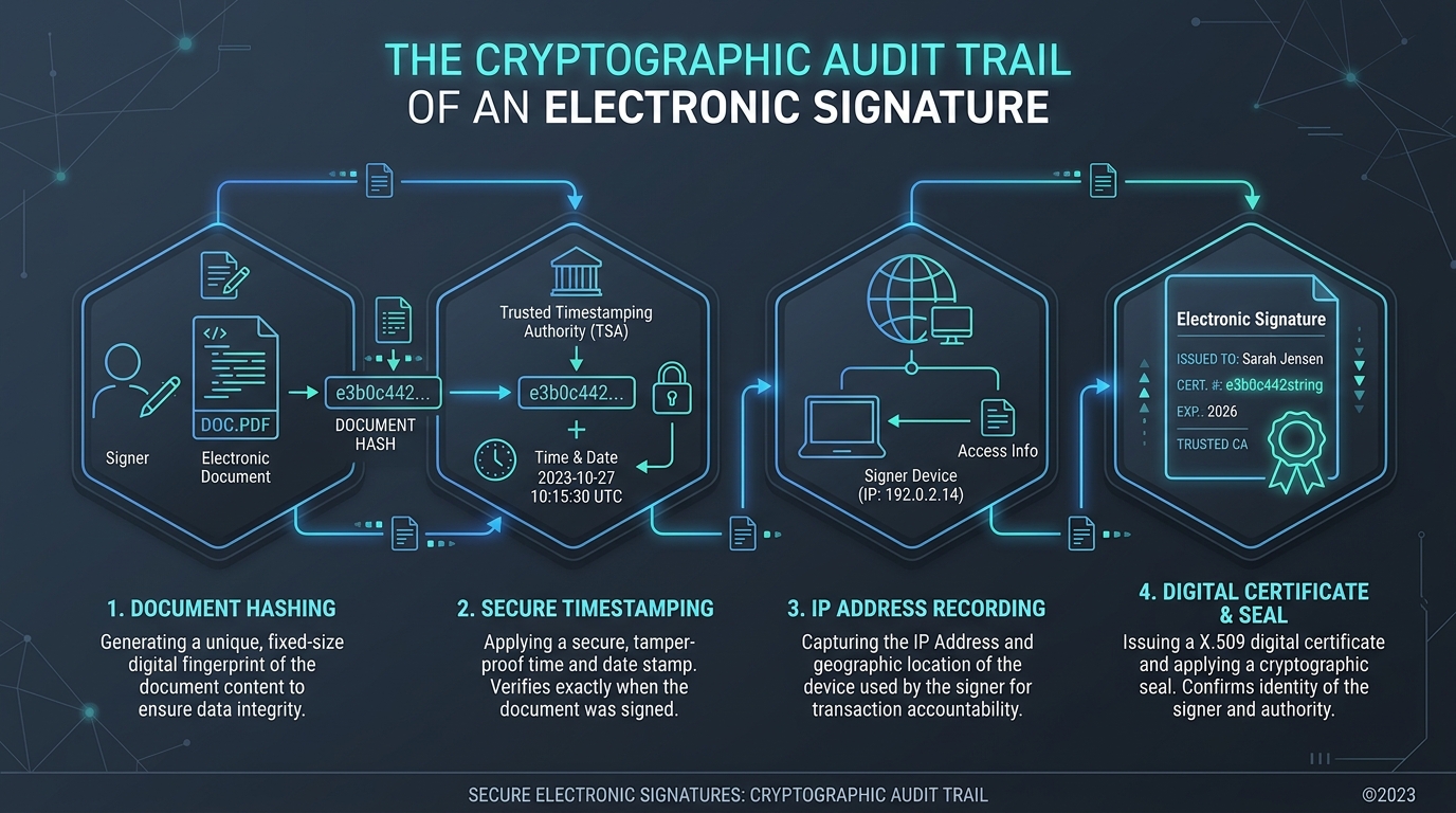 Editorial diagram showing the cryptographic audit trail of an electronic signature