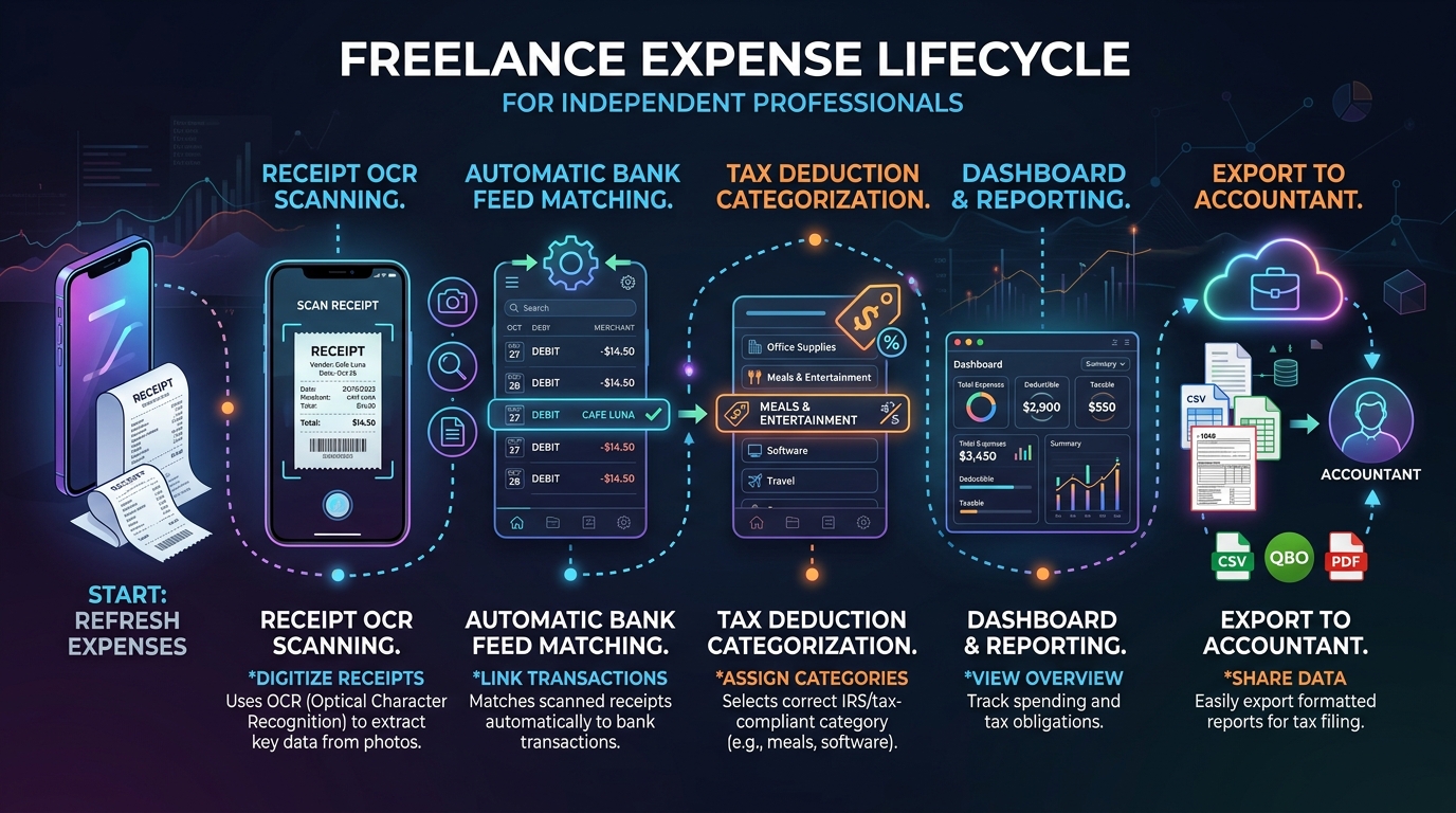 Editorial diagram mapping the freelance expense lifecycle from receipt scan to accountant export