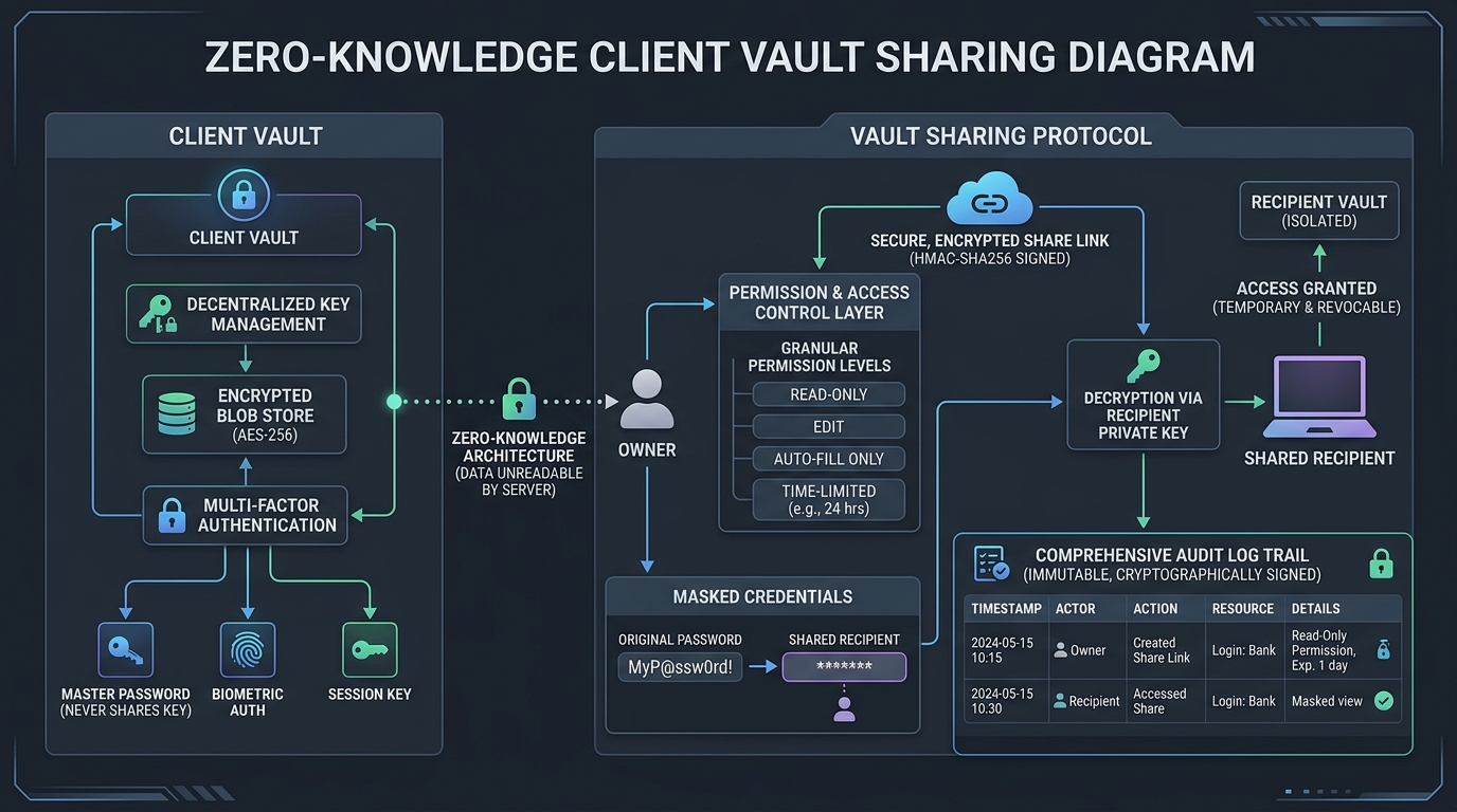 Zero-knowledge client vault sharing technical diagram