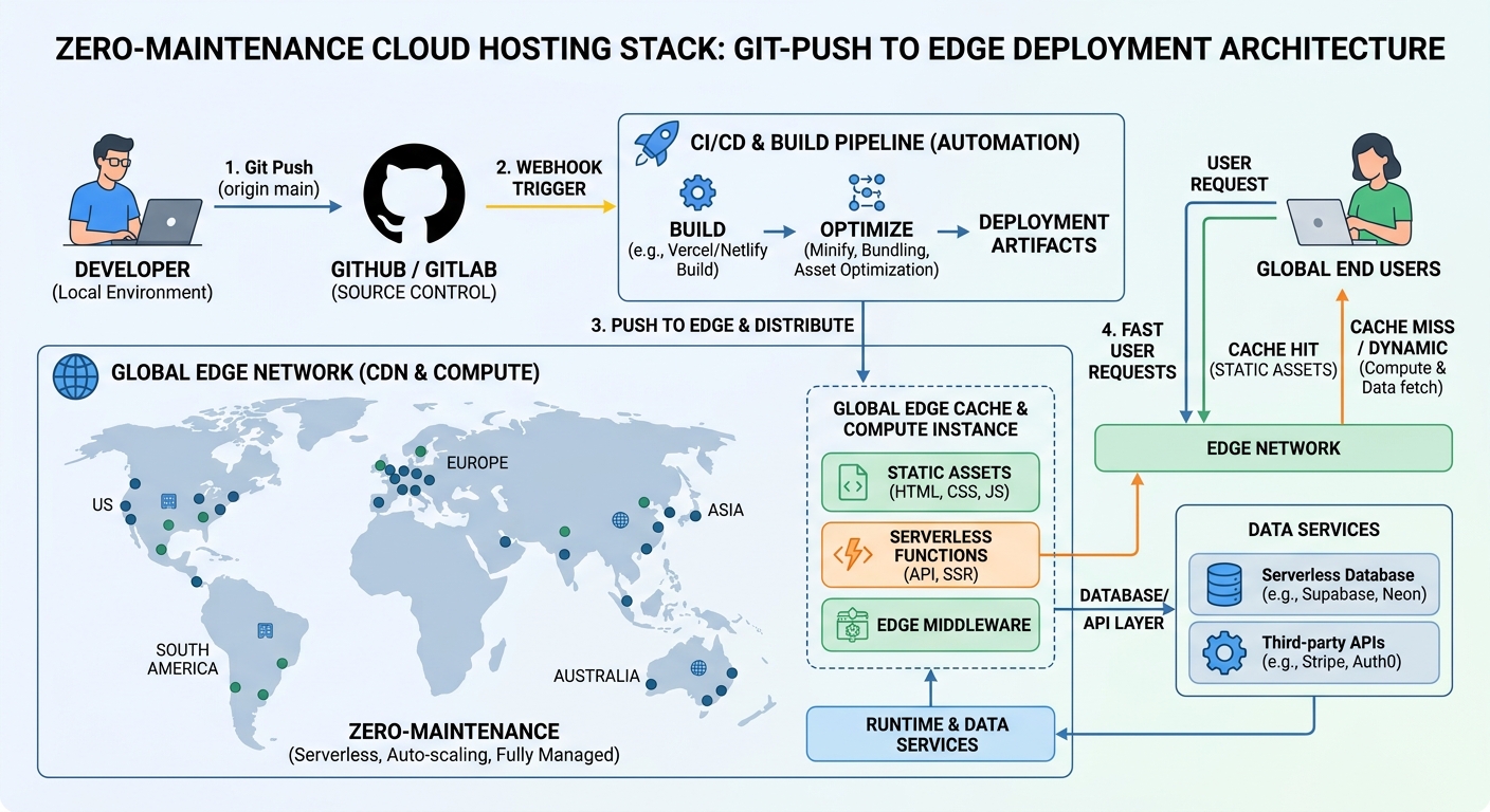 Technical diagram showing git push triggering edge deployment pipelines