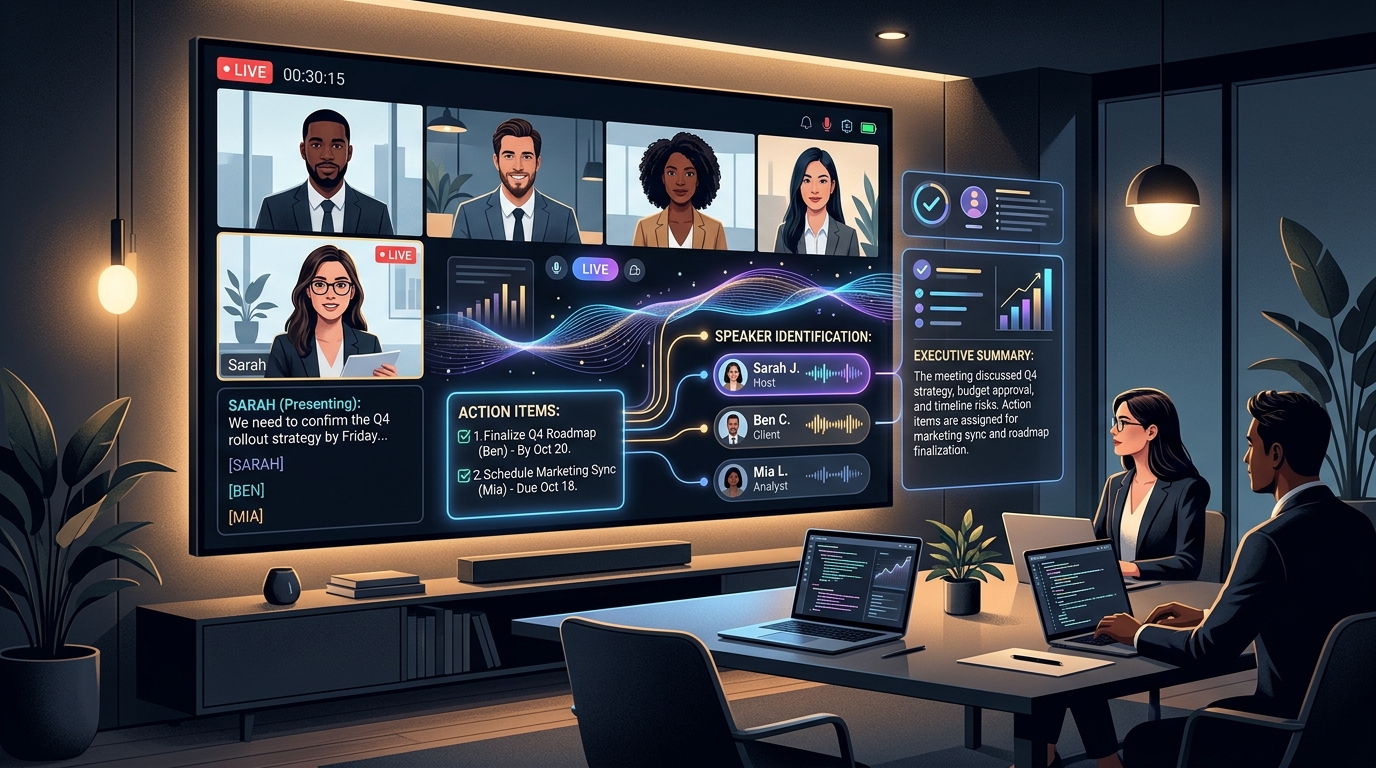 Modern editorial illustration of an AI meeting assistant transcribing a client video call, extracting action items, speaker identification, and executive summaries.