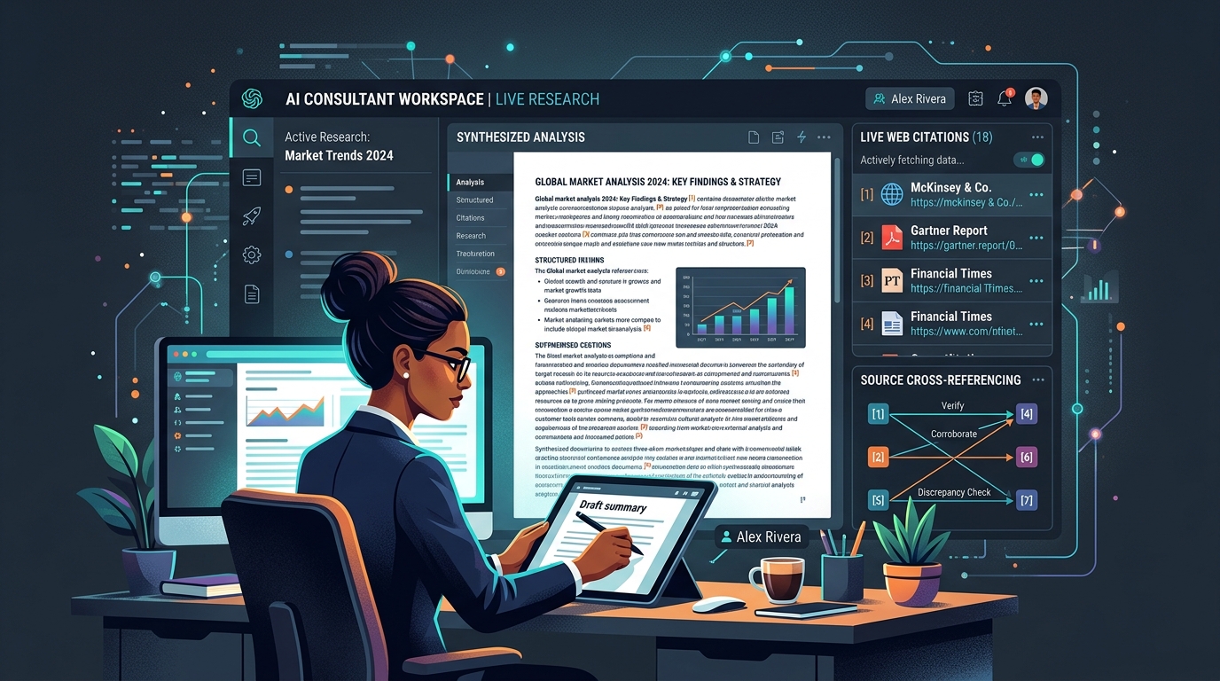 Modern editorial illustration of an AI-powered web research workspace for consultants and freelancers with live web citations, source cross-referencing, and long document synthesis.