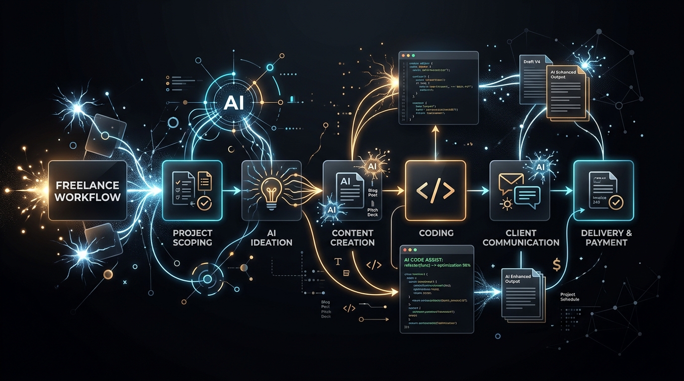 Conceptual illustration of AI neural networks assisting workflow blocks, code, and documents for freelancers.