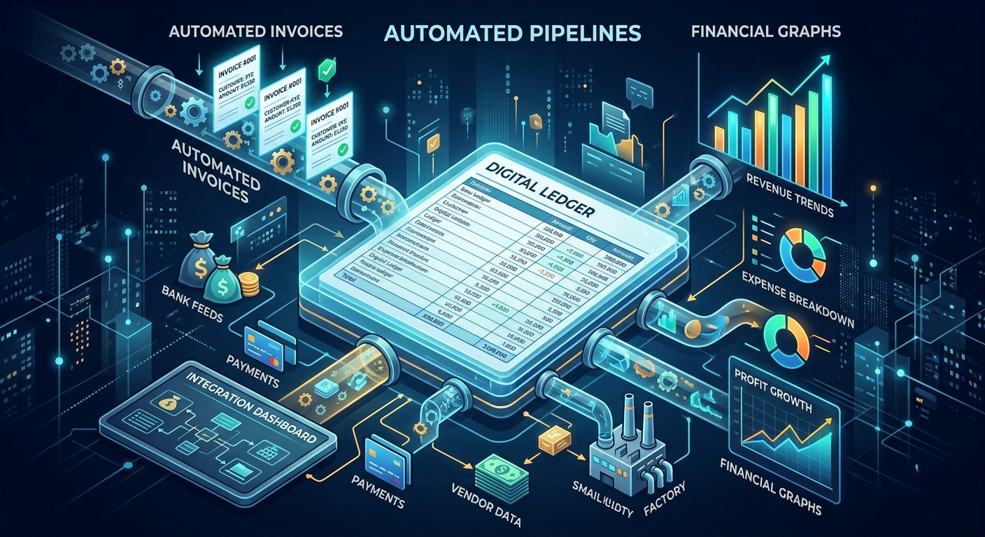 Conceptual illustration of digital bookkeeping, automated invoices, and financial graphs.