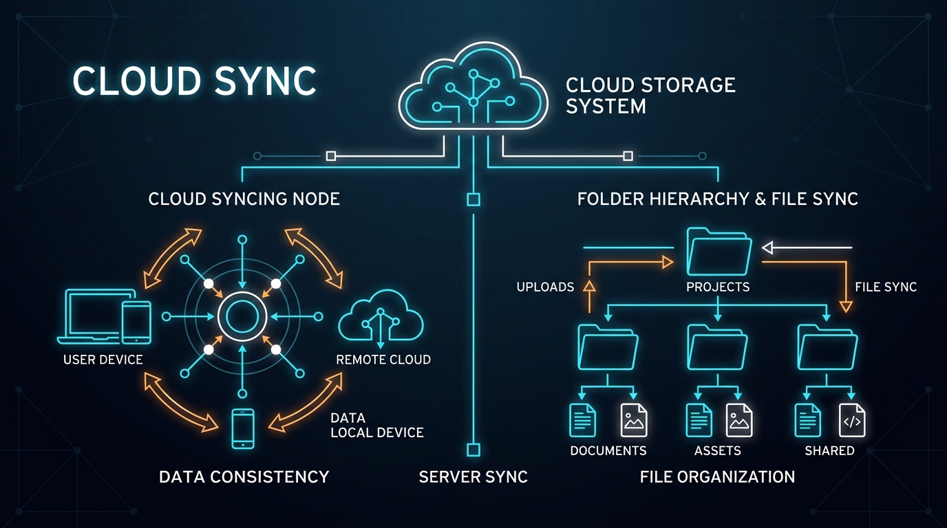 Conceptual comparison of cloud storage nodes, sync algorithms, and folder hierarchies representing Google Drive, Dropbox, and OneDrive.