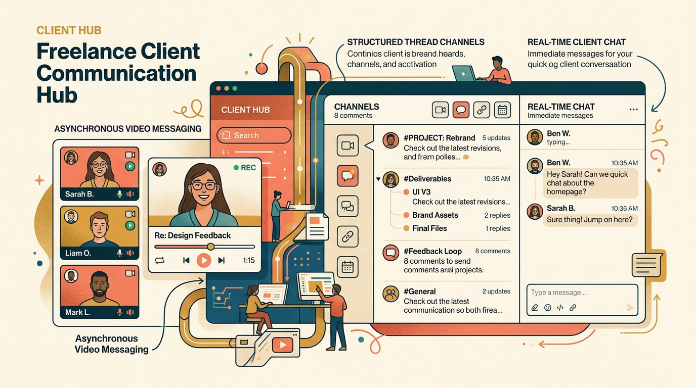 Modern editorial illustration of a freelance client communication hub combining asynchronous video messaging, structured thread channels, and real-time client chat.