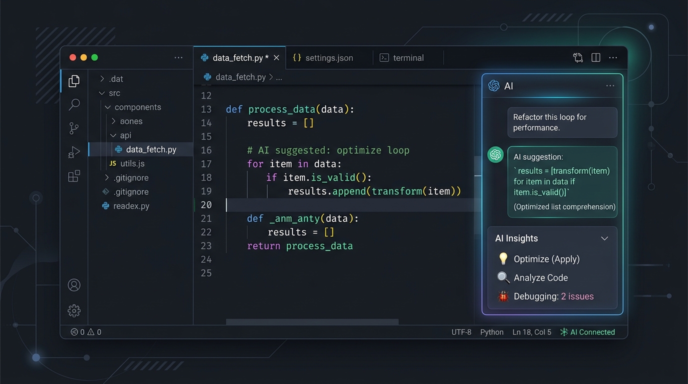 A conceptual illustration of a modern code editor workspace highlighting AI assistance capabilities.