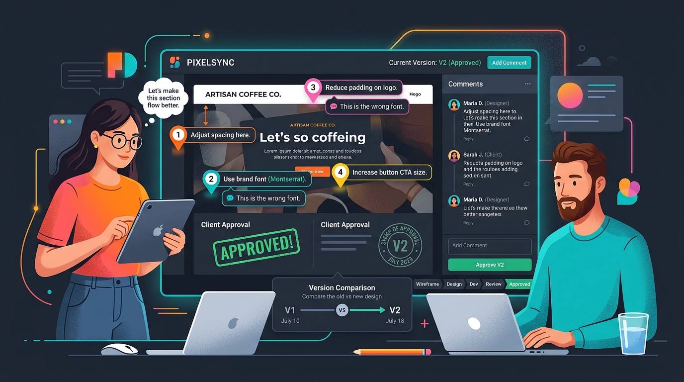 Modern editorial illustration of a design feedback tool for freelance designers and web developers, featuring pin-point visual annotations on live website mockups and client approval stamps.