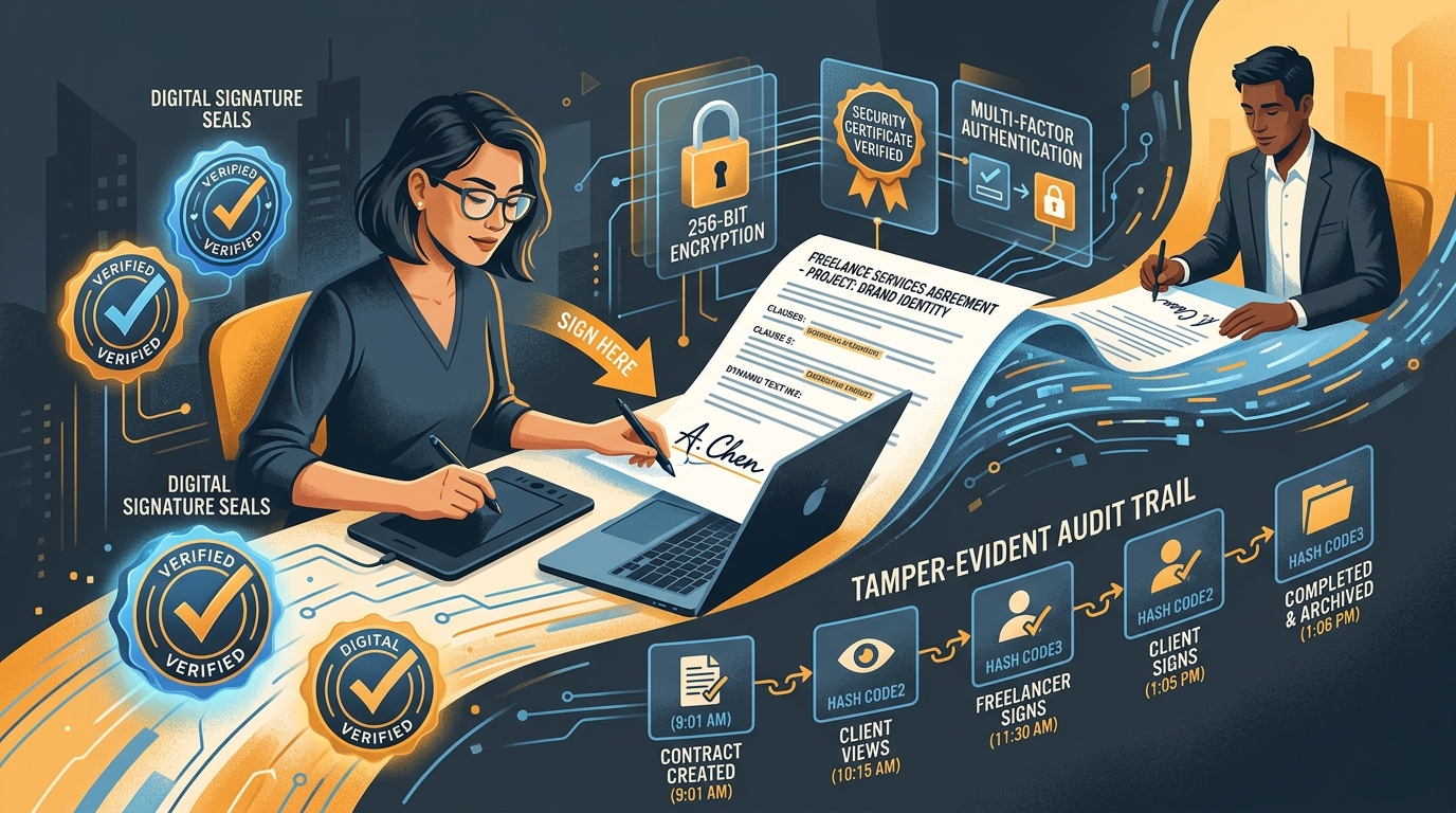 Modern editorial illustration of electronic signature software for freelance client contracts, with digital signature seals, security certificate verification, and tamper-evident audit trails.