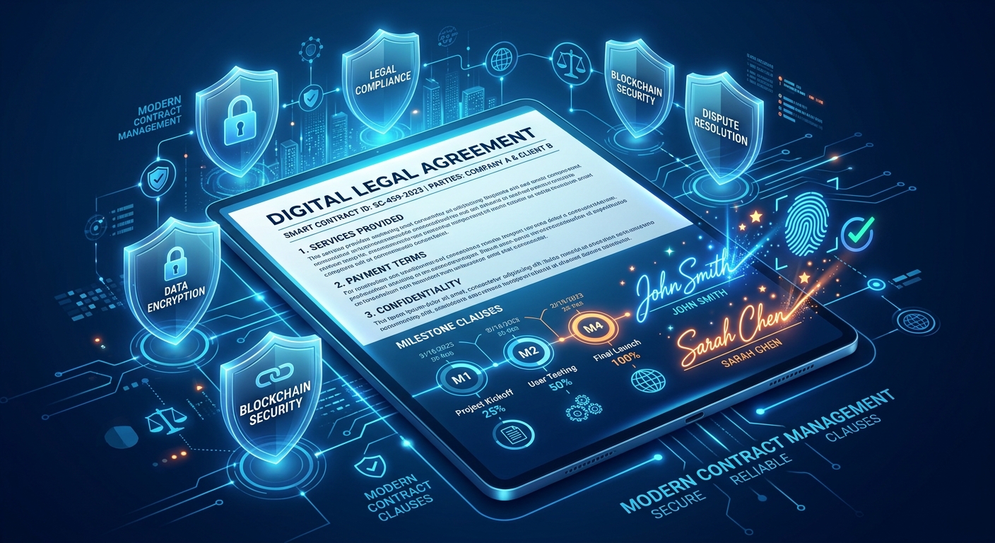 Conceptual illustration of a digital legal contract with protective shields and milestone clauses.