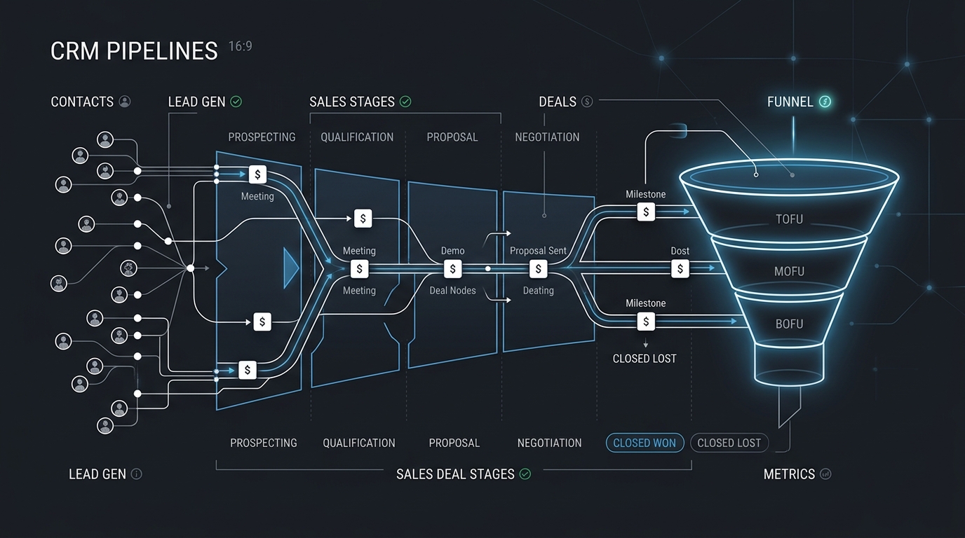 Conceptual illustration of interconnected contact nodes, deal pipelines, and client relationship management systems.