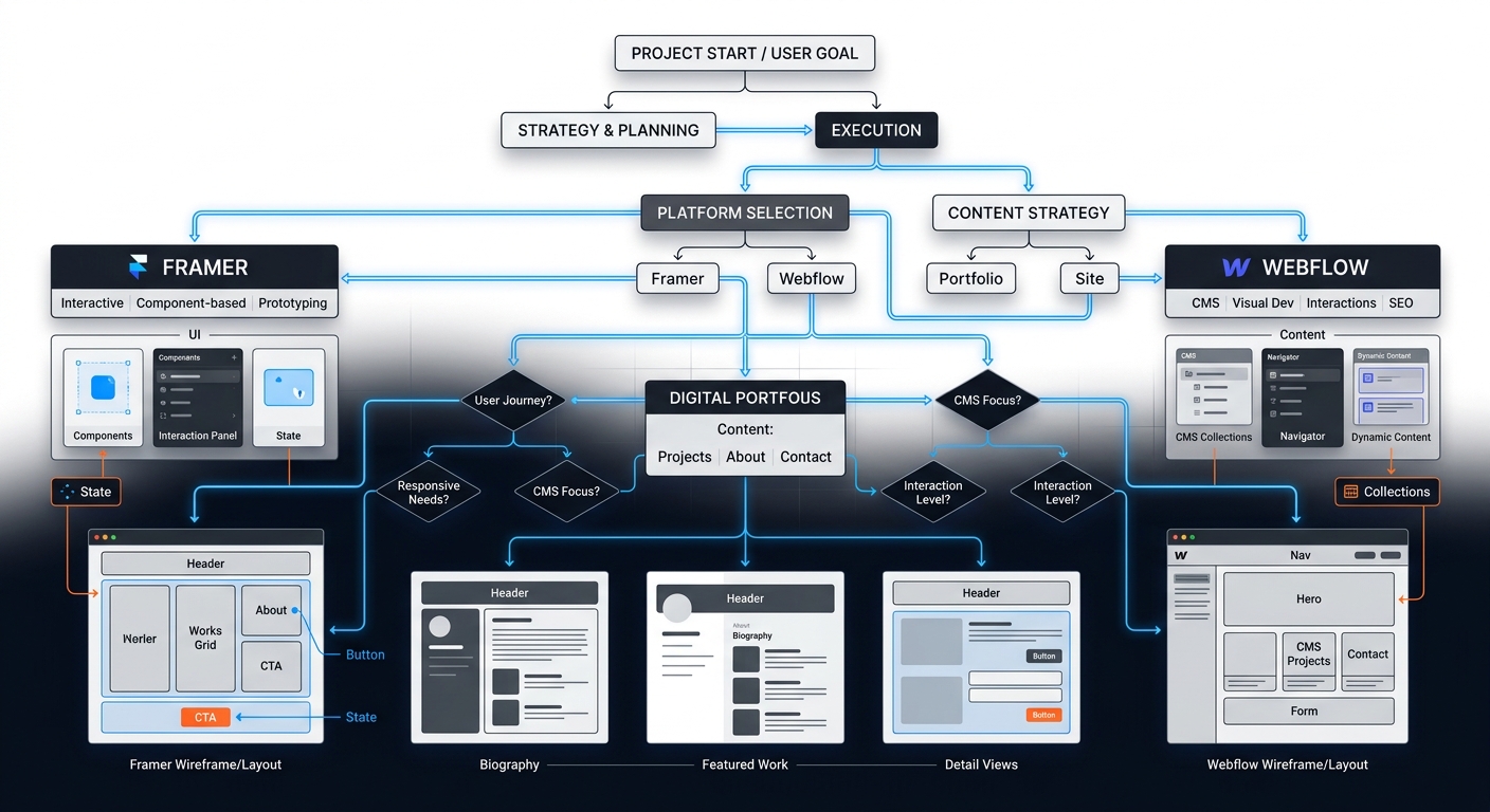 Conceptual illustration of digital portfolios and Webflow wireframes intersecting with a decision tree.