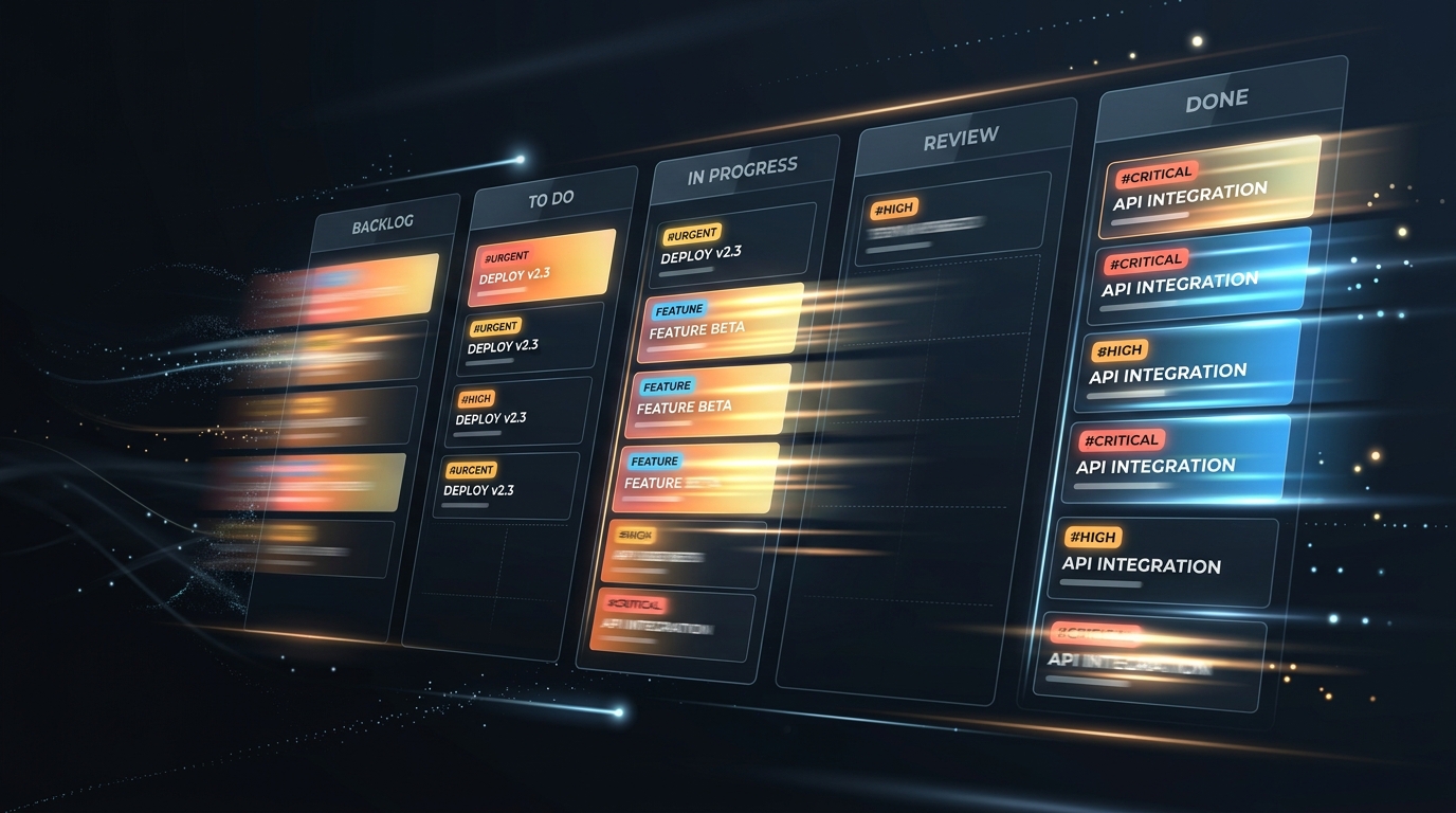 A fast project management board with glowing priority tags representing Linear.