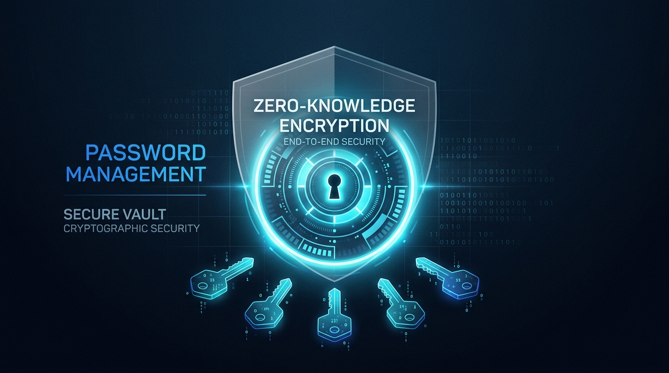 Conceptual illustration of password management, cryptographic vault keys, and zero-knowledge security shields.