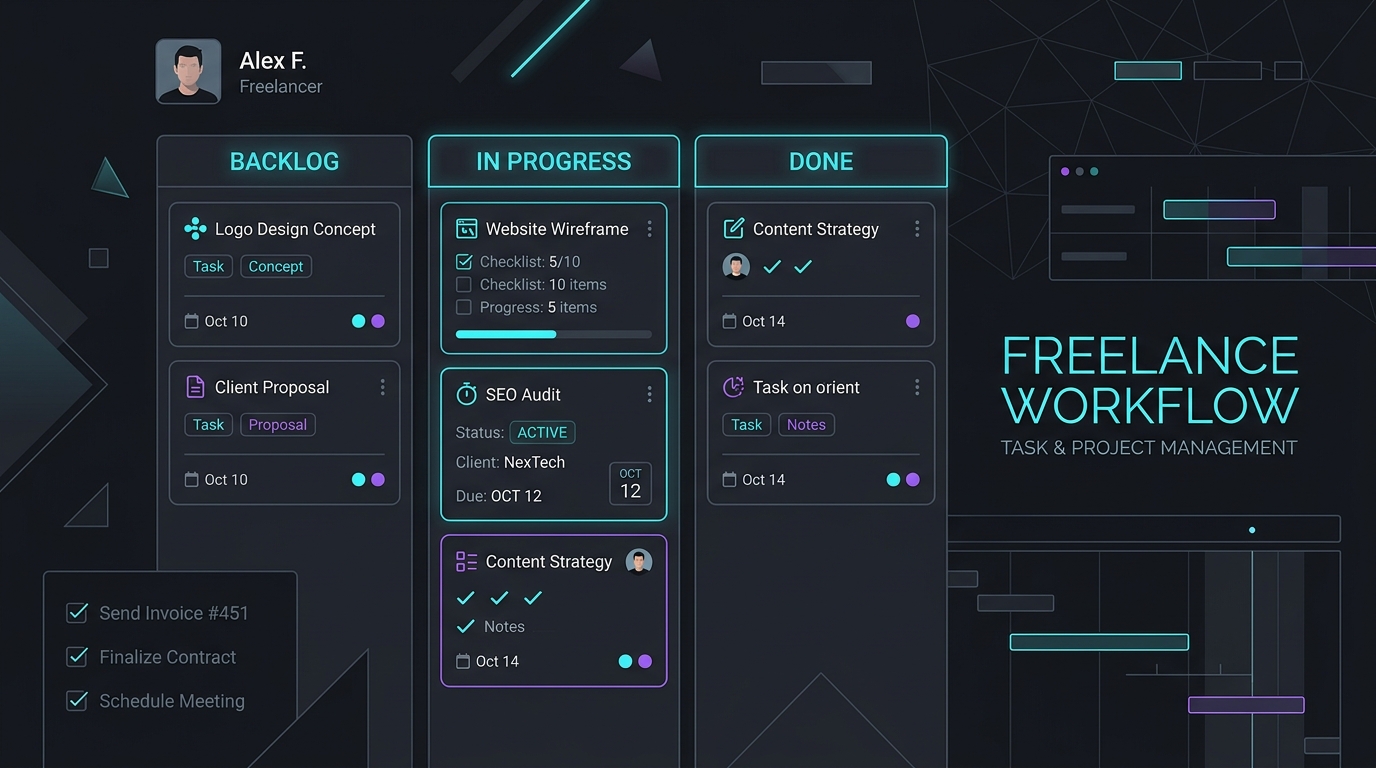Conceptual illustration of modern task and project management tools for freelancers.