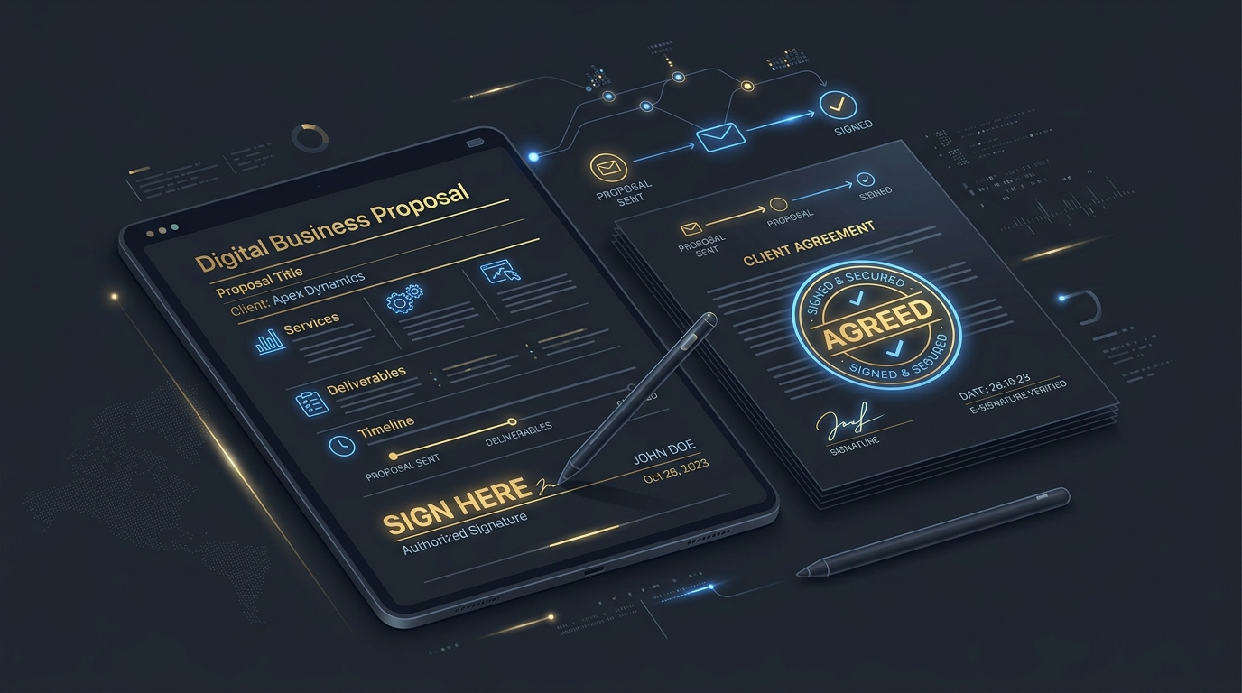 Conceptual illustration of digital business proposals, contract agreements, and electronic signature stamps.