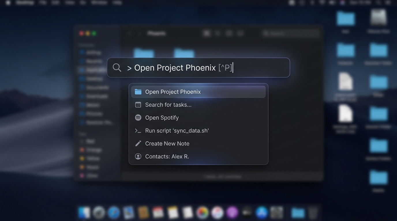 Illustration of a productivity command bar floating over a blurred desktop.