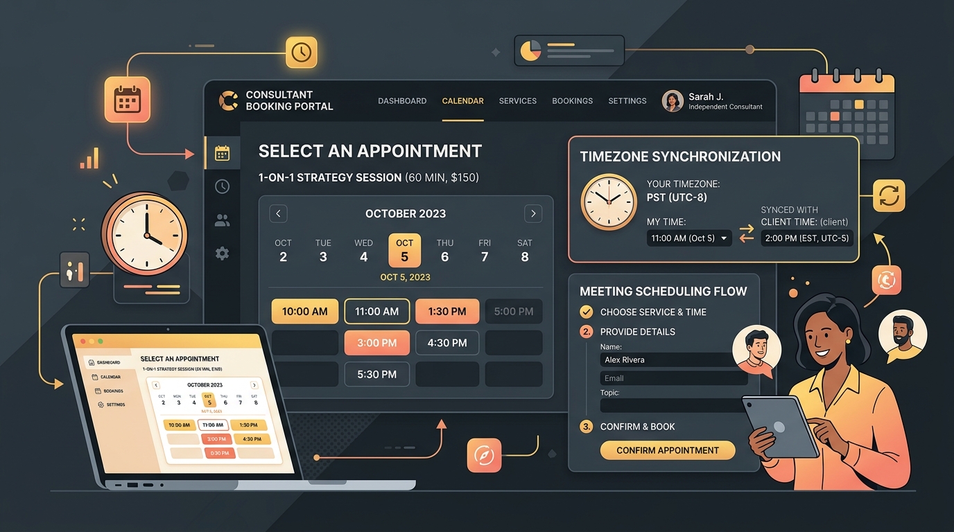Modern editorial illustration of an automated calendar booking interface for independent consultants showing available appointment time slots and meeting scheduling flow.