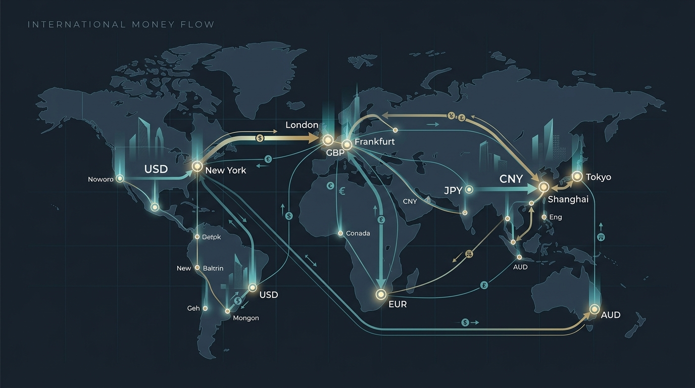 Conceptual illustration of international money flow and financial transaction nodes.