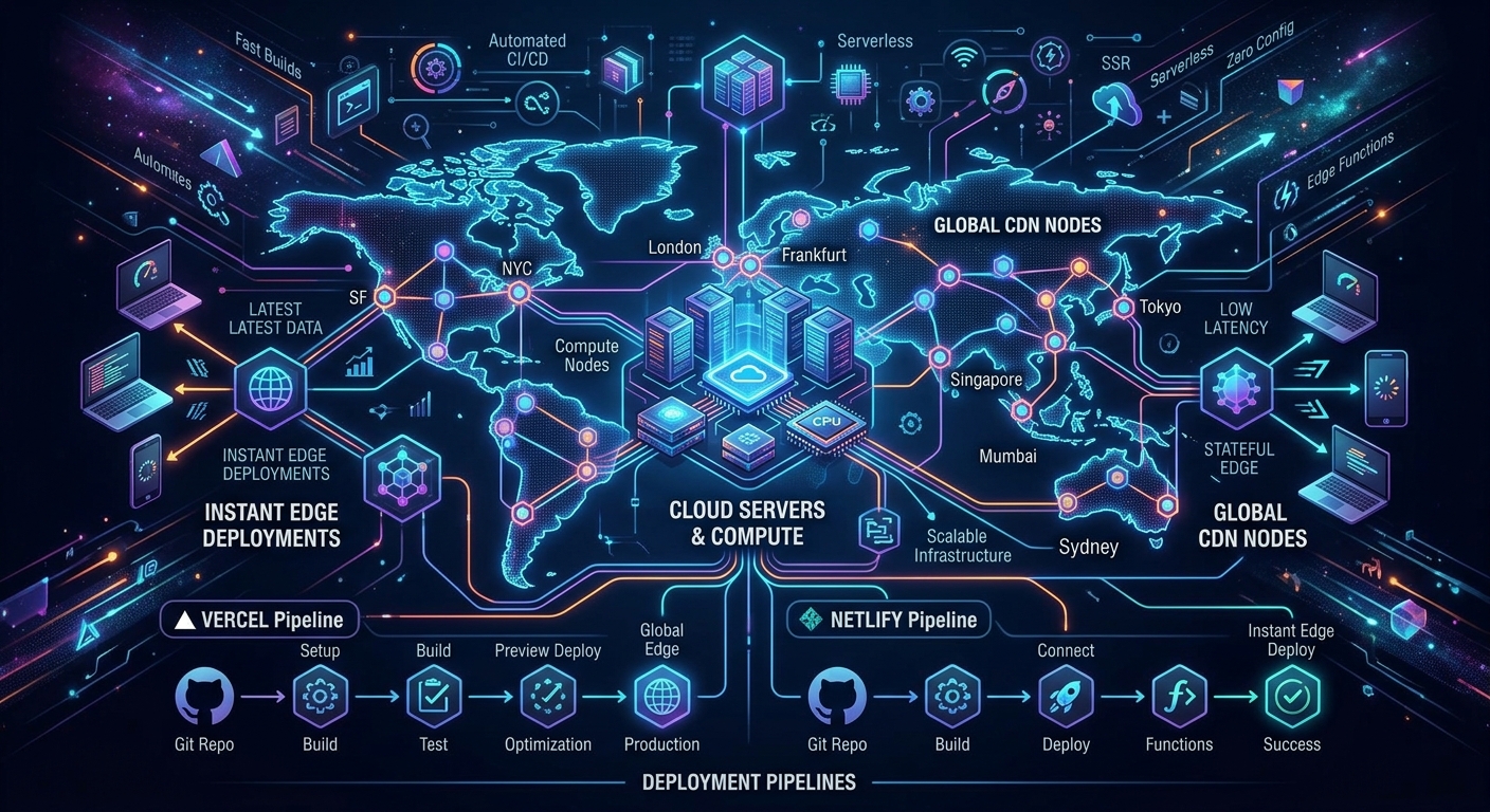 Conceptual illustration of cloud servers, instant edge deployments, global CDN nodes, and Vercel style deployment pipelines.